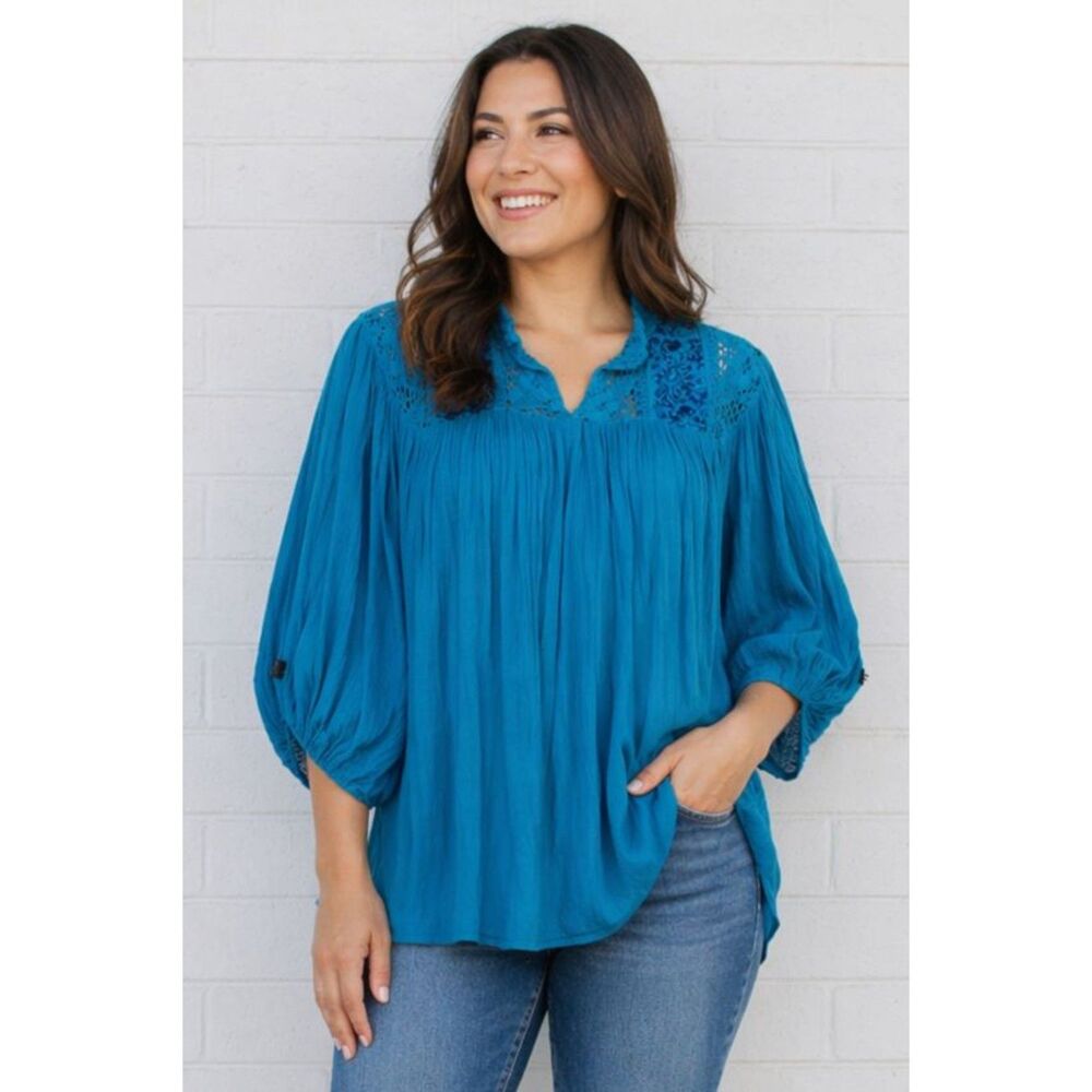 Vintage 70s Aquamarine Arte Huaxyacac Chipas Balloon Sleeve Crochet Lace Top OS